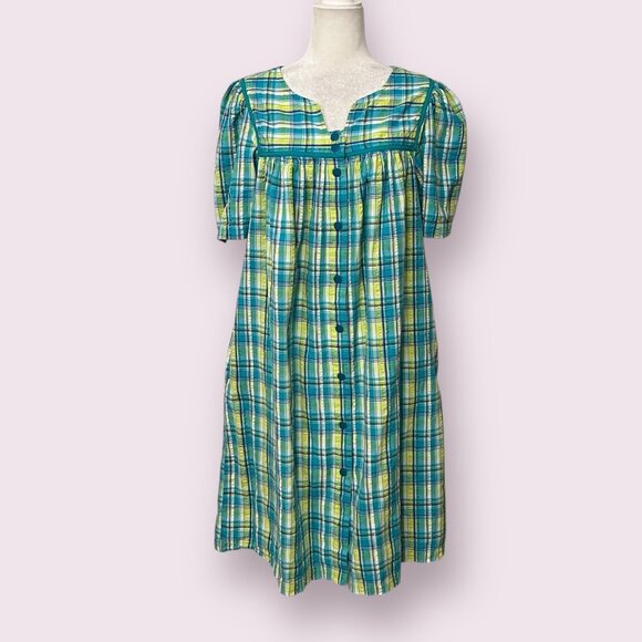 Go Softly Patio Women's Sleepwear Dress Green Plaid Short Sleeve Snap Size M - Picture 1 of 11